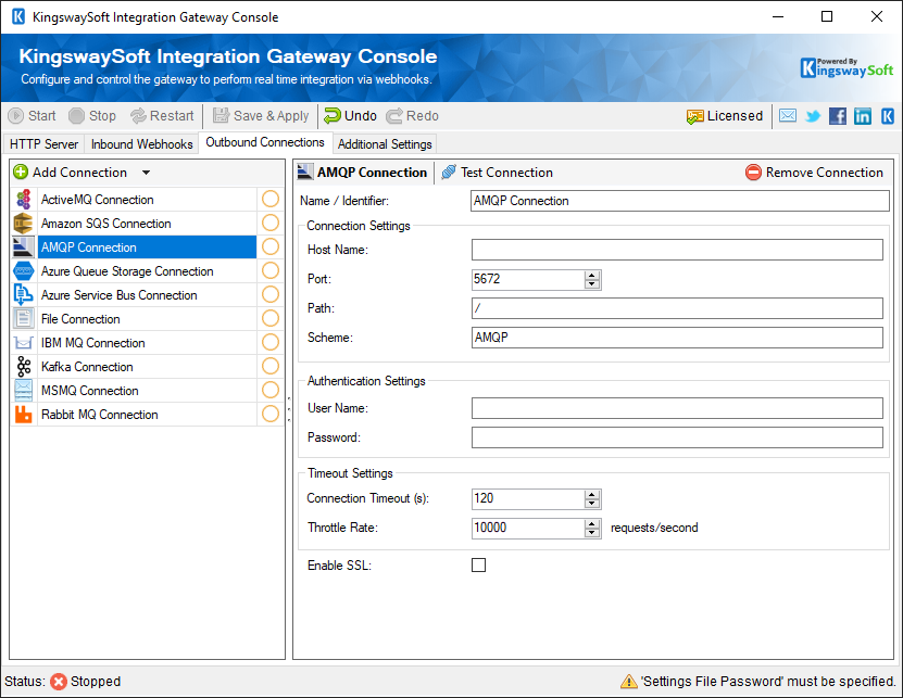 KingswaySoft Integration Gateway Console - Outbound Webhooks - AMQP